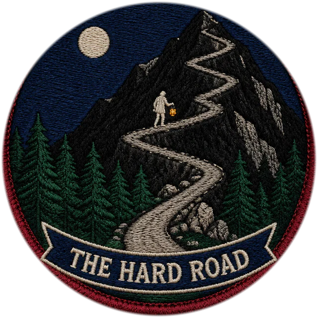 The Hard Road: an embroidered badge, a switchback road up a black mountain under a navy sky