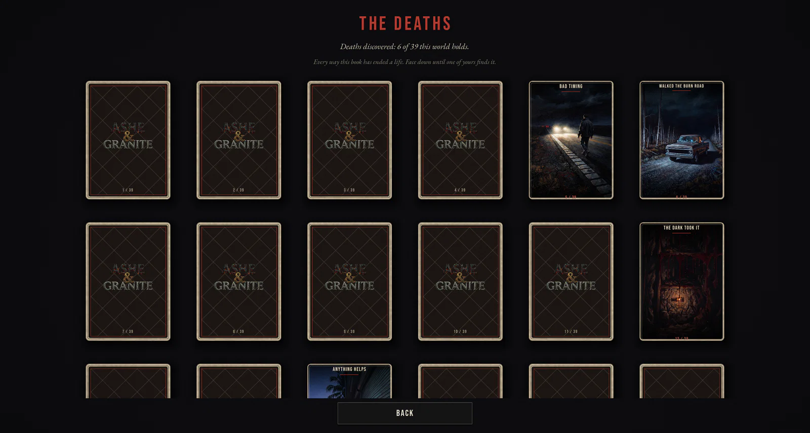The collection: every death and ending, face down until one of yours finds it