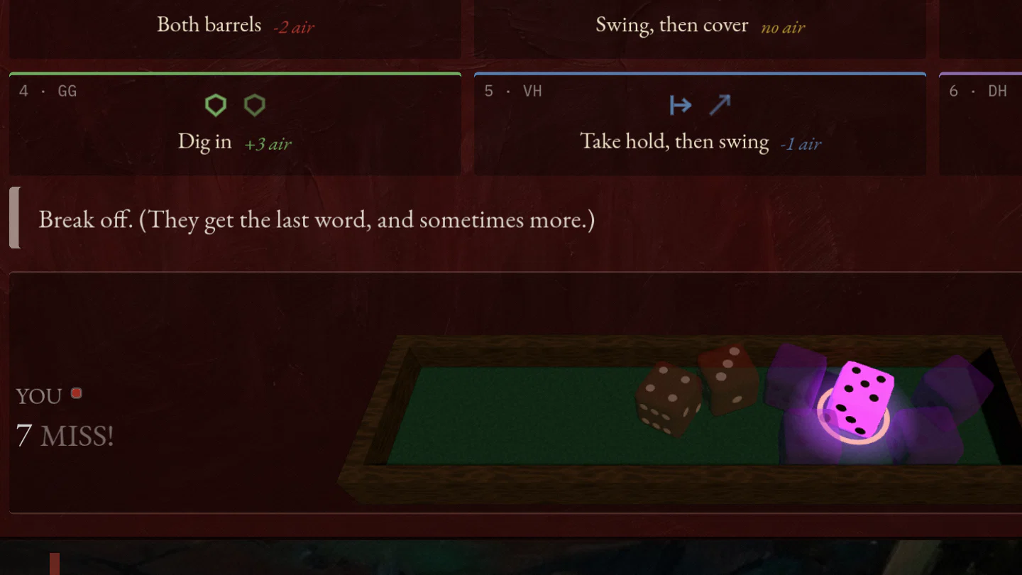 The dice, mid-throw, on the felt