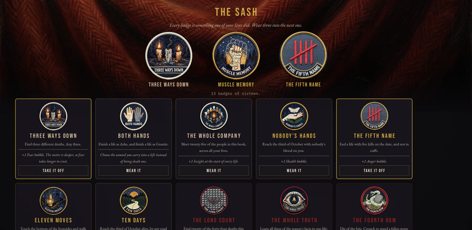 The sash: badges earned by what a life did, three worn into the next life